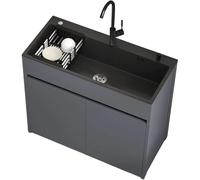 Unité d'Évier Moderne avec Rangement pour Studio et Balcon, cuve en inox nano noir avec meuble en aluminium alvéolaire, poignée encastrée, design anti-débordement, accessoires complets