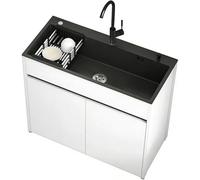 Unité d'Évier Moderne avec Rangement pour Studio et Balcon, cuve en inox nano noir avec meuble en aluminium alvéolaire, poignée encastrée, design anti-débordement, accessoires complets