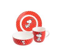 United Labels The Peanuts Snoopy Set de petit-déjeuner 3 pièces, rouge à pois, vaisselle en porcelaine avec assiette Ø 19 cm, tasse 220 ml et bol 330 ml