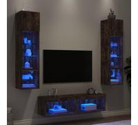 Unités murales TV en Bois d'ingénierie chêne fumé Design Moderne avec LED RVB, Rangement spacieux et Support Mural pour Salon séjour Bureau, 6 pièces Multifonctions