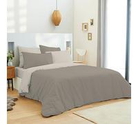 univers decor - Pack Complet 6 pièces Bicolore réversible Housse de Couette 240 x 220 cm pour lit 160 x 200 cm 100% Coton / 57 Fils/cm² (Taupe/Lin, Housse de Couette 220 x 240 cm lit 160 x 200 cm)