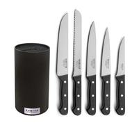 SABATIER TROMPETTE - Bloc tiges spaghetti bois et 5 couteaux de cuisine : Désosser, Saigner, Découper, Boucher, Pain - Universal - Acier MoV satinée manche ABS rivets acier - 11 x 15.5 x 25 cm - Noir