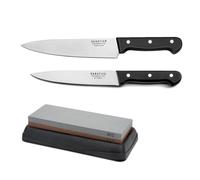 SABATIER TROMPETTE - Ensemble 2 couteaux de cuisine et 1 pierre à aiguiser - Universal - Acier 5Cr15MoV - Finition Satinée - Noir
