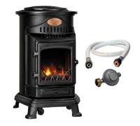 Universal Innovations Chauffage d'appoint gaz Provence 3,4 KW Noir mat Effet poêle à bois Fonte véritable Tuyau gaz vissable 1.5 m + detendeur butane