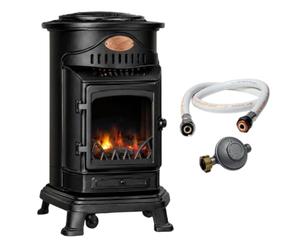 Universal Innovations Chauffage d'appoint gaz Provence 3,4 KW Noir mat Effet poêle à bois Fonte véritable Tuyau gaz vissable 1.5 m + detendeur butane
