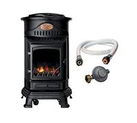 Universal Sahara - Poêle à gaz Provence 3,4KW Noir Fonte Véritable, Chauffage d'appoint Effet feu de Bois + Accessoires gaz Inclus : Tuyau gaz + Détendeur Butane
