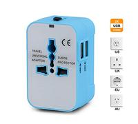 Universel Adaptateur de Voyage, Adaptateur Secteur Tout-en-Un dans Le Monde Entier Chargeur Mural International avec Deux Ports de Chargement USB pour Le Téléphone Portable US EU UK AUS Europe - Bleu
