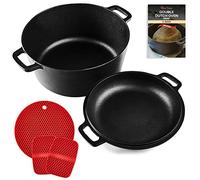 Uno Casa Faitout en Fonte avec Couvercle - Ustensile de Cuisine Prétraité 2 en 1 Casserole de 4,7 l et Poêle de 1,5 l