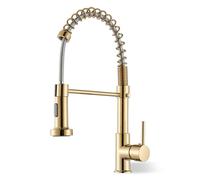 UNSOTOOR Robinet de cuisine haute pression doré avec douchette extensible en acier inoxydable 304 brossé doré brossé, 2 fonctions de pulvérisation et rotatif à 360°