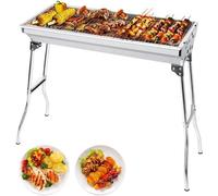 Unyqoos® : Barbecue en acier inoxydable pliable – Surface de cuisson : 73 x 33 cm, dimensions plié : 71 x 33 x 16 cm, inclut 2 grilles de cuisson, 2 supports pour charbon et une pince
