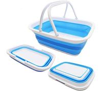 Unyqoos® Boîte de rangement pliable de 9,2 L – panier de pique-nique portable et sac à provisions avec double poignée, sans BPA, pliable, dimensions 38,6 x 29,5 x 13,9 cm (6 cm), blanc/bleu marine