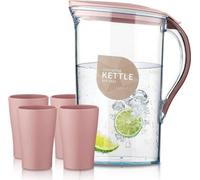 Unyqoos® Carafe à boisson de 2,1 L en PET transparent, avec couvercle et 4 gobelets, sans BPA, plastique neutre en odeur, idéale pour le thé, les jus et les boissons froides, de couleur rouge