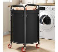 Unyqoos® Chariot de blanchisserie mobile, 190 litres – Ø55 x H91 cm, tubes en acier renforcés avec revêtement époxy inoxydable, 4 roulettes (2 verrouillables), sacs à linge Oxford amovibles