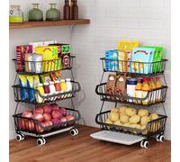 Unyqoos® : chariot de rangement métallique à 3 niveaux, mobile, avec paniers en fil de fer, 4 roulettes (2 verrouillables), paniers empilables et amovibles, couleur noire – idéal pour la cuisine et le