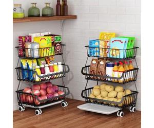Unyqoos® : chariot de rangement métallique à 3 niveaux, mobile, avec paniers en fil de fer, 4 roulettes (2 verrouillables), paniers empilables et amovibles, couleur noire – idéal pour la cuisine et le