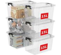 Unyqoos® : Coffret de 6 boîtes de rangement transparentes de 15 litres avec couvercle et fermeture à cliquet, empilables, en polypropylène