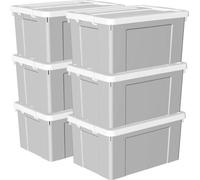 Unyqoos® : Coffret de rangement de 65 litres, lot de 6 – Boîtes de rangement empilables en polypropylène avec couvercle robuste, clips de fermeture sécurisés, sac de transport, couleur gris