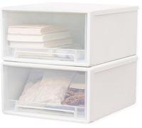 Unyqoos® : Coffret de rangement en plastique empilable, lot de 2, blanc avec tiroirs transparents, 27,5 x 18,5 x 10 cm – Solution de rangement gain de place pour la maison et le bureau