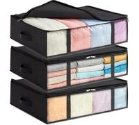 Unyqoos® Coffret de rangement pour couette, lot de 3, 40 litres – 60x45x15 cm, pliable, en tissu non tissé, avec couvercle et fermeture éclair, poignées renforcées, couleur noire