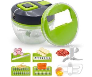 Unyqoos® : coupe-légumes manuel 6-en-1 avec cordon de traction – amovible et lavable au lave-vaisselle, base antidérapante, lames en acier inoxydable pour légumes, fruits et noix