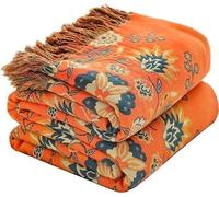 Unyqoos® : Couverture réversible 100% coton – extrêmement douce, design bohème avec des franges, orange/vert des deux côtés, 200 x 230 cm, hypoallergénique, idéale pour canapé et lit