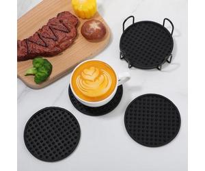 Unyqoos® : Dessous de verre en silicone noir – antidérapant pour verres et tasses, motif étoile avec anneaux concentriques protecteurs contre les rayures, facile à nettoyer