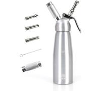 Unyqoos® Distributeur d'aluminium pour chantilly, 500 ml – Siphon à crème pour la chantilly, les crèmes dessert et les mousses, incluant 3 buses en acier inoxydable et une brosse de nettoyage
