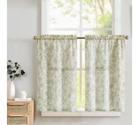 Unyqoos® Ensemble de 2 rideaux à motifs floraux, aspect lin, vert sur fond beige, 65 x 90 cm, 85% polyester/15% lin, protection légère contre les regards pour cuisine et salon