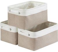 Unyqoos® : Ensemble de 3 paniers de rangement pliables en tissu, avec poignées antidérapantes, couleur kaki et blanc, dimensions 38 x 25 x 20 cm, forme rectangulaire, matériaux : lin, coton, EVA, poly