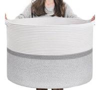 Unyqoos® Grand panier de rangement décoratif en corde de coton souple – 55 x 35 cm, panier à linge avec poignées, multifonctionnel pour chambre d'enfant et salon, vert clair/blanc
