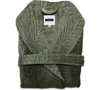 Unyqoos® iSleep Leaf : Peignoir long en polaire, motif feuille en relief, col montant, poches profondes, ceinture, unie, taille M, couleur olive