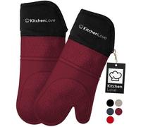 Unyqoos® KitchenLove : Lot de 2 gants de cuisine en silicone – EN407, résistant à la chaleur jusqu'à 350°C, manche long, antidérapant, doublure en coton, couleur bordeaux