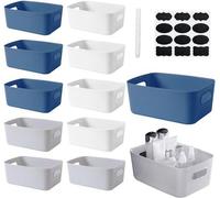 Unyqoos® : Lot de 12 boîtes de rangement avec poignée | ouvertes et empilables, blanches, grises et bleues, robustes et résistantes aux chocs, comprenant des étiquettes et un marqueur – idéales pour l