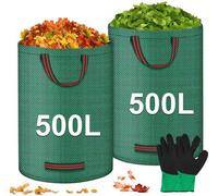 Unyqoos® Lot de 2 grands sacs de jardin de 500 litres – hauteur 100 cm, diamètre 80 cm, tissu PP 150 g/m², imperméable et résistant aux UV, avec gants antidérapants pour les feuilles et les déchets