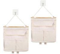 Unyqoos® : Lot de 2 organisateurs muraux suspendus en coton et lin, avec 3 compartiments, des crochets adhésifs et des détails en bois – gain de place, idéal pour l'entrée, la salle de bain ou la cham