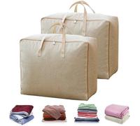 Unyqoos® : Lot de 2 sacs de rangement pour couettes et oreillers, d'environ 84 litres (60 x 50 x 28 cm), en coton et lin, avec revêtement imperméable et anti-poussière, et fermeture éclair à double se