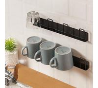 Unyqoos® - Lot de 2 supports muraux pour tasses - Supports muraux en métal noirs, avec 4 crochets, à fixer avec de l'adhésif ou par vis, capacité maximale de 10 kg