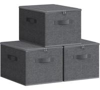 Unyqoos® : Lot de 3 boîtes de rangement pliables en tissu, couleur gris, en tissu non tissé imitation lin, fermeture éclair sur trois côtés, avec couvercle et 3 poignées