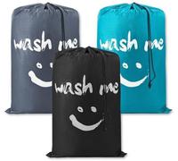 Unyqoos® Lot de 3 grands sacs de lessive étanches, 61 x 91 cm, en tissu Oxford, avec cordon de serrage, noir/gris/bleu, avec motif "smiley" – pour la maison et les voyages
