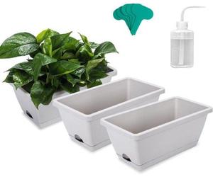Unyqoos® : Lot de 3 jardinières rectangulaires en plastique avec sous-plats, 5 étiquettes pour plantes et 1 flacon d'arrosage de 250 ml – idéal pour balcon, cuisine, rebord de fenêtre