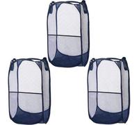 Unyqoos® - Lot de 3 paniers à linge pliables, bleu - 63 x 32 x 32 cm, structure en acier inoxydable flexible, filet en nylon, système pliable, capacité jusqu'à 5 kg, avec poche latérale, pour le linge