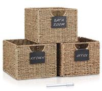 Unyqoos® : Lot de 3 paniers rectangulaires en fibres de mer, pliables, dimensions 26,5 x 24 x 19 cm, avec poignée et étiquettes, aspect naturel scandinave