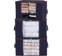 Unyqoos® - Lot de 3 sacs de rangement de 90 litres (60 x 43 x 35 cm) – Boîtes de rangement pliables avec couvercle, en tissu composite, avec fenêtre transparente, poignée renforcée, couleur bleue