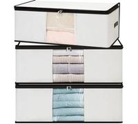 Unyqoos® : Lot de 3 sacs de rangement pliables pour sous le lit – 60 litres par sac, grande fenêtre transparente, tissu non tissé en 3 couches, poignées de transport renforcées