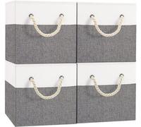 Unyqoos® : Lot de 4 boîtes de rangement pliables en tissu, dimensions 33 x 33 x 33 cm, avec poignée, blanc/gris – fabriquées avec des panneaux en PP robustes et une doublure intérieure en Oxford