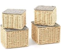Unyqoos® Lot de 4 paniers de rangement avec couvercle – en corde de papier tressée, avec armature en fil de fer, rectangulaires, beige et gris, dimensions : 15 x 15 x 11 cm / 18 x 18 x 13 cm