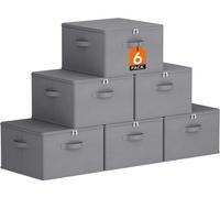 Unyqoos® Lot de 6 boîtes de rangement pliables de 40 litres avec couvercle – Tissu non tissé aspect lin, 3 poignées renforcées, fermeture éclair, anti-poussière, couleur gris