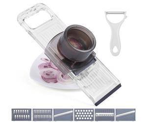 Unyqoos® Mandoline de cuisine 6-en-1 – trancheuse à légumes réglable avec lames en acier inoxydable, fonction julienne (3-5 mm), découpe ondulée, tranches, accessoire pour purée et éplucheur