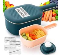 Unyqoos® : Mandoline et coupe-légumes multifonctions – manuelle, avec lames en acier inoxydable, bac de récupération et égouttoir, 4 lames interchangeables, protège-doigts, couleur orange