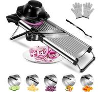 Unyqoos® : Mandoline pour couper les légumes – Réglage sur 5 positions, lames en acier inoxydable réglables, changement de lame par molette, support pour aliments, brosse de nettoyage, pieds antidérap